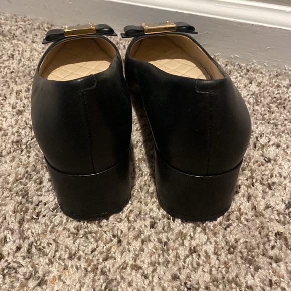 Cole Haan Black Block Heels with Pointed Toe and Gold Accented Bow - Picture 4 of 7